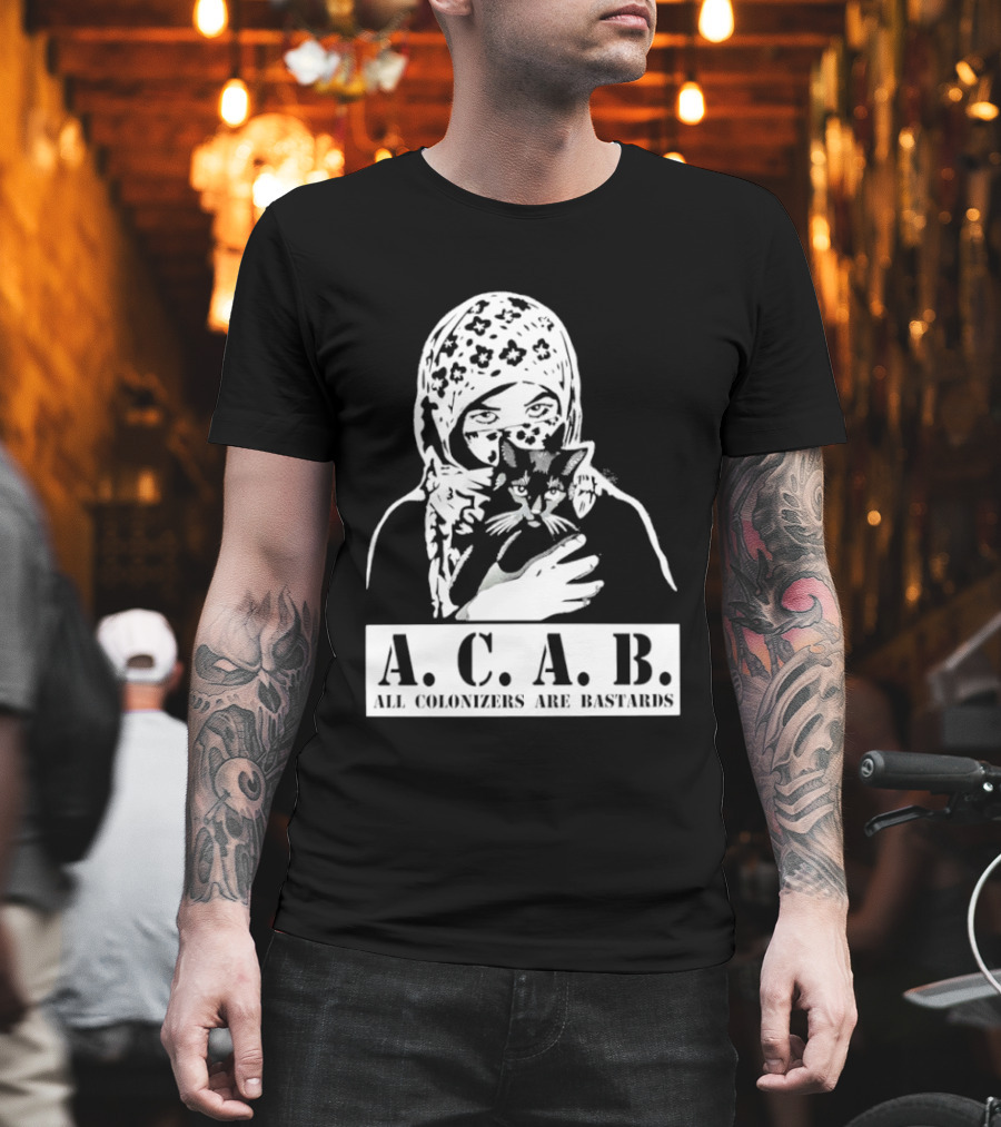 A.C.A.B. All Colonizers Are Bastards Protest Image with Floral Hijab Woman and Cat T-Shirt