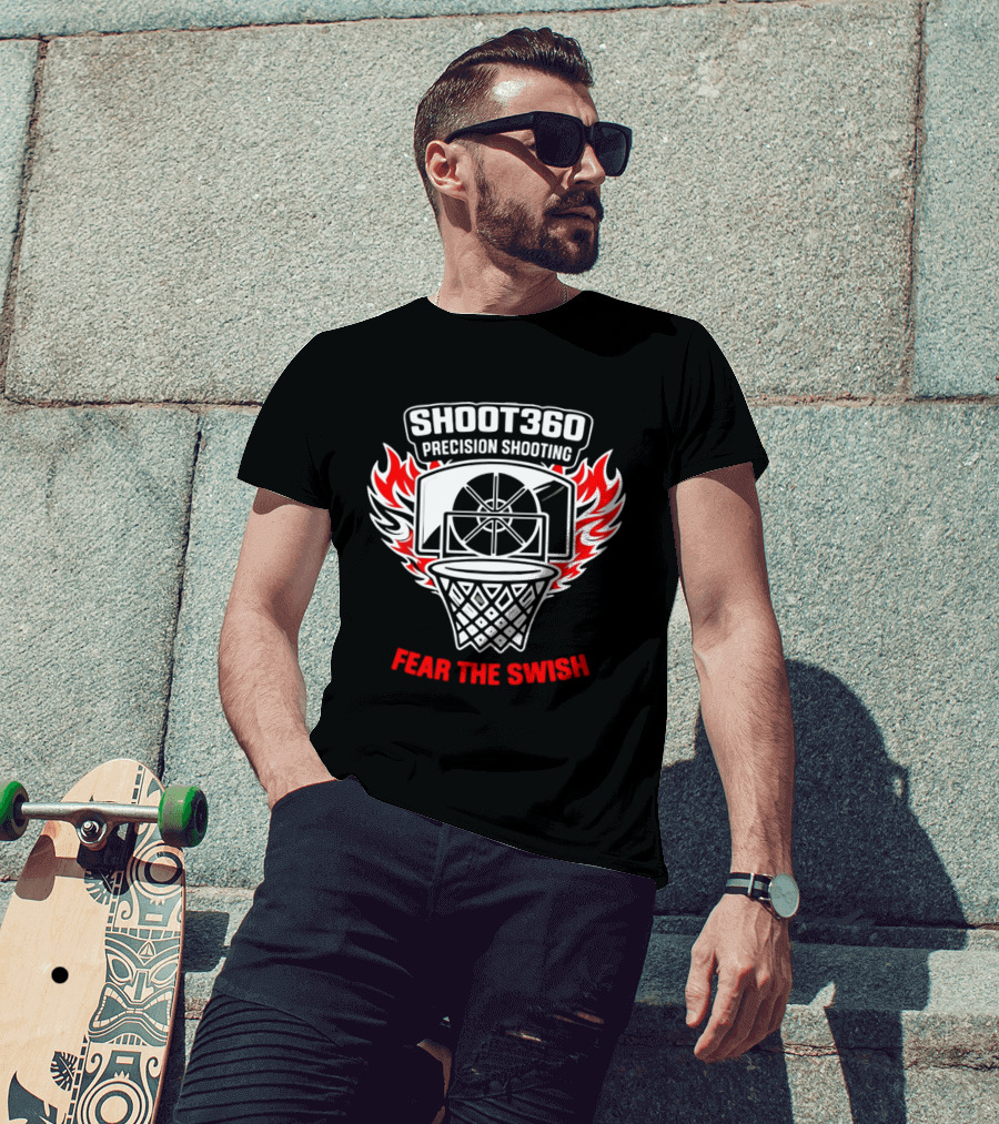 SHOOT360 Precision Shooting Fear The Swish Basketball Flame Hoop T-Shirt