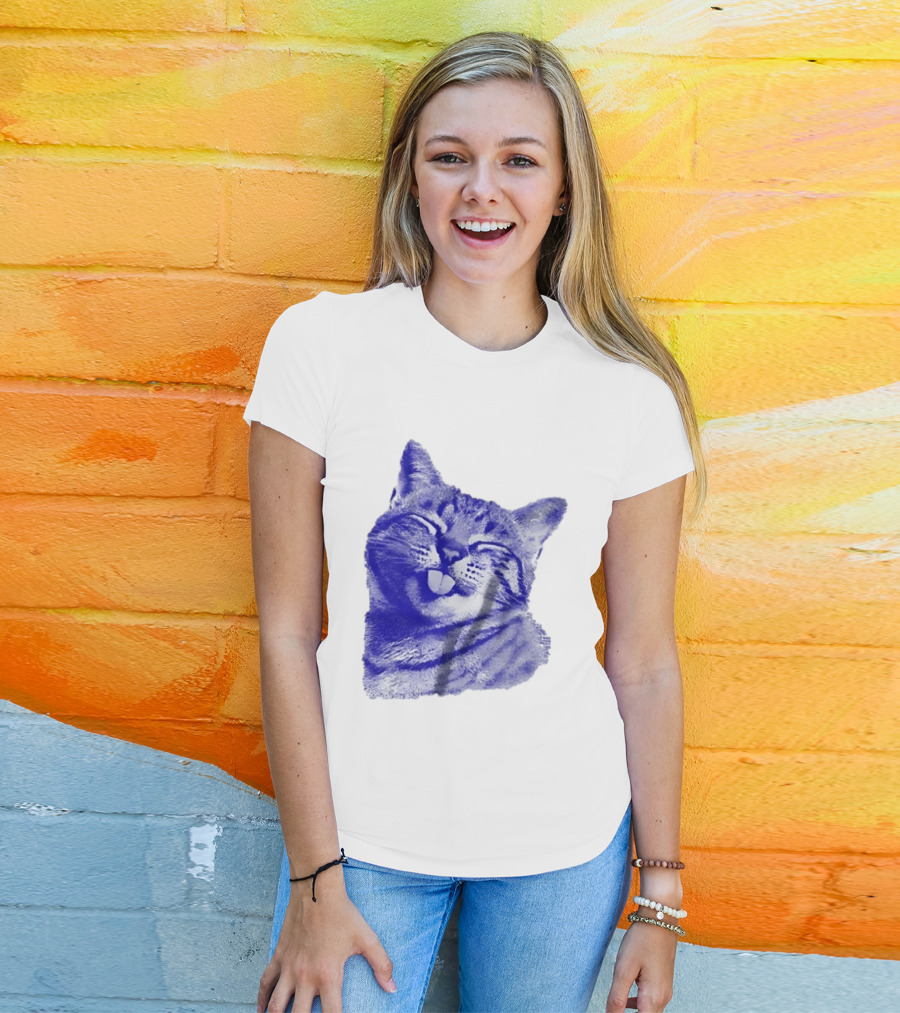 Playful Cat Sticking Out Tongue In Blue Tint T-Shirt