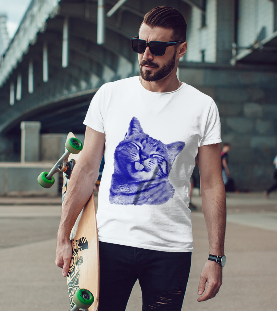 Playful Cat Sticking Out Tongue In Blue Tint T-Shirt