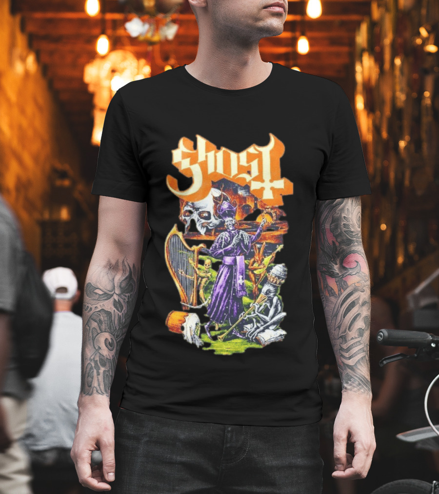 Ghost Band Gothic Horror Pope With Ghouls And Harp T-Shirt