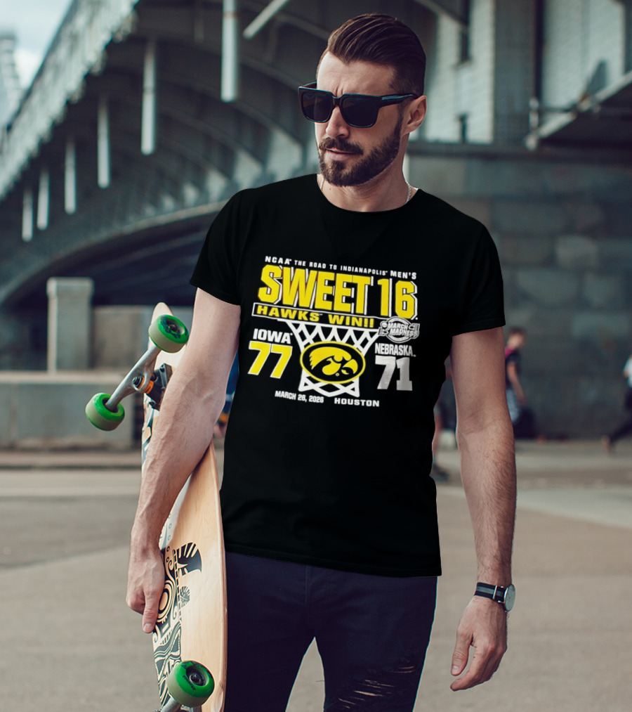 NCAA March Madness The Road To Indianapolis Men's Sweet 16 Hawks Win Iowa 77 Nebraska 71 March 25 1989 Houston T-Shirt