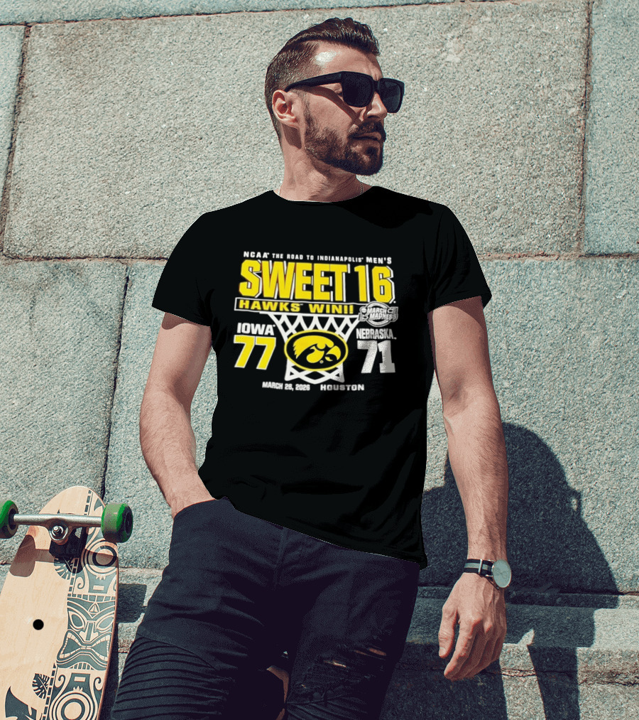 NCAA March Madness The Road To Indianapolis Men's Sweet 16 Hawks Win Iowa 77 Nebraska 71 March 25 1989 Houston T-Shirt