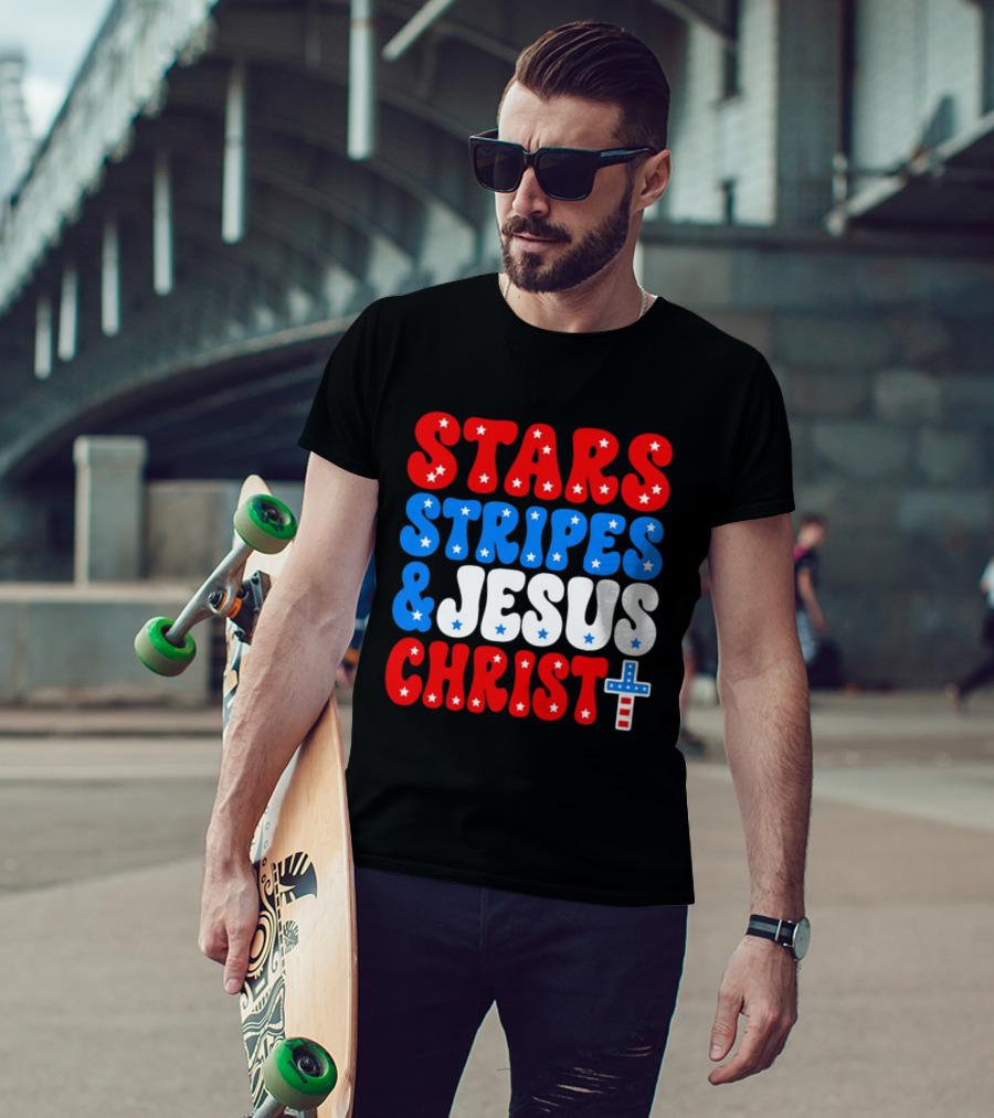 Patriotic Stars Stripes Jesus Christ Christian Faith Cross T-Shirt