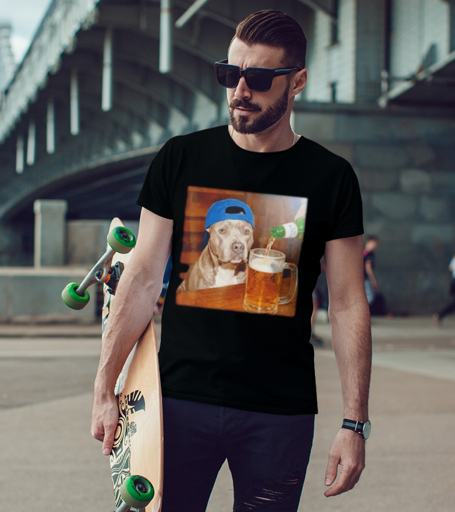 Pit Bull Drinking Beer Blue Cap Meme T-Shirt