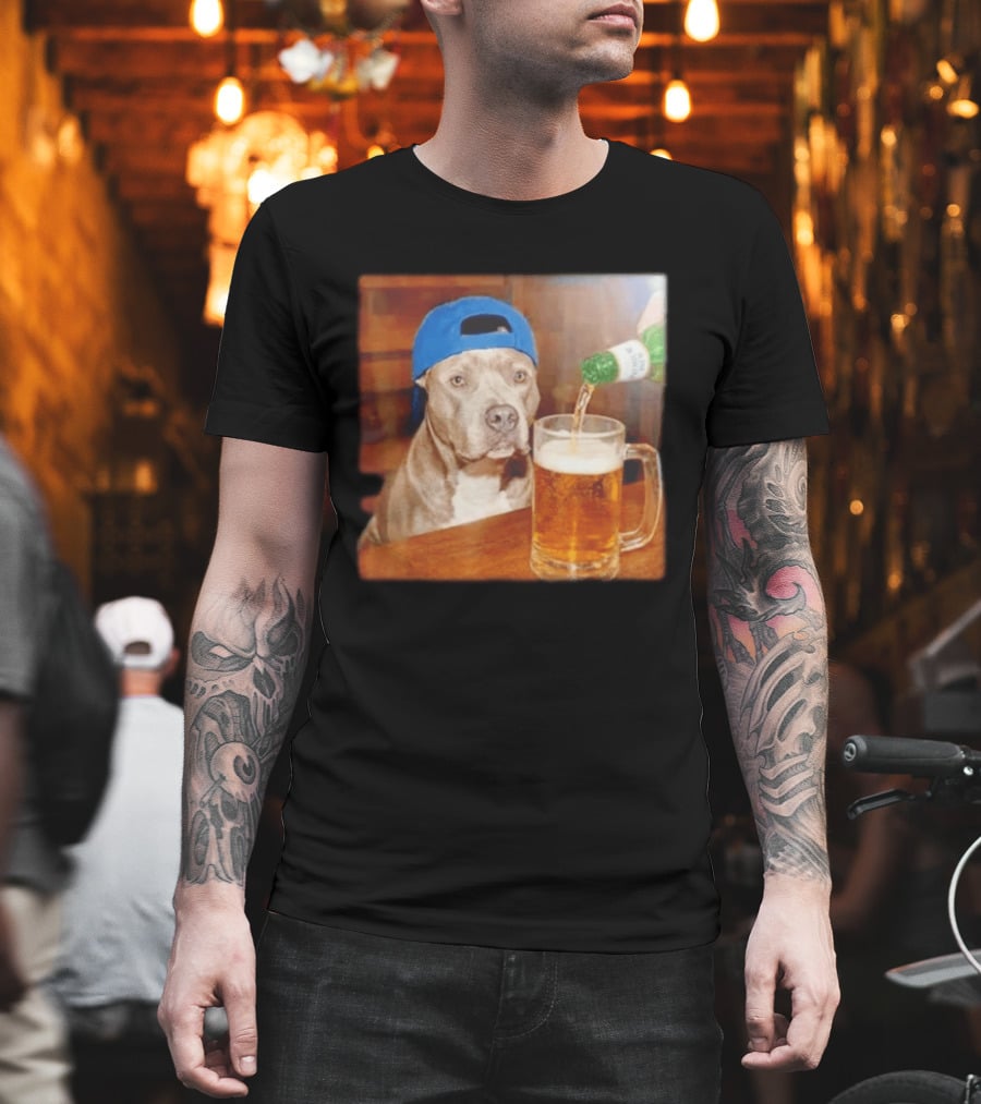 Pit Bull Drinking Beer Blue Cap Meme T-Shirt