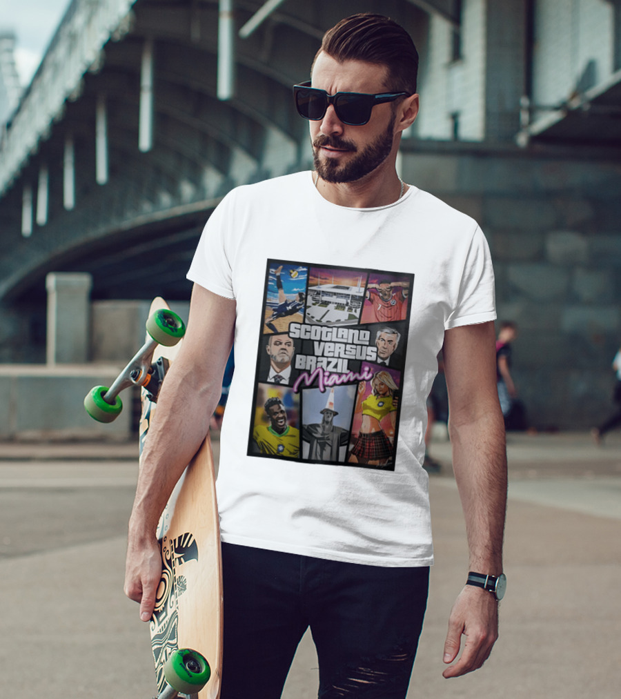 Scotland Versus Brazil Miami Comic Style Soccer Matchup T-Shirt