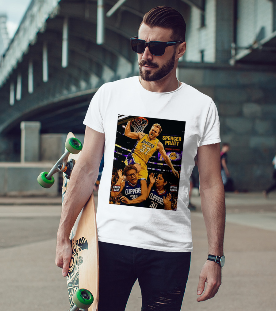 Los Angeles Lakers Spencer Pratt Dunks Staples Center Clippers Karen Bass Nithya Raman T-Shirt