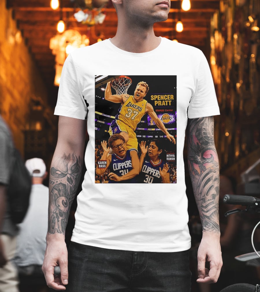 Los Angeles Lakers Spencer Pratt Dunks Staples Center Clippers Karen Bass Nithya Raman T-Shirt