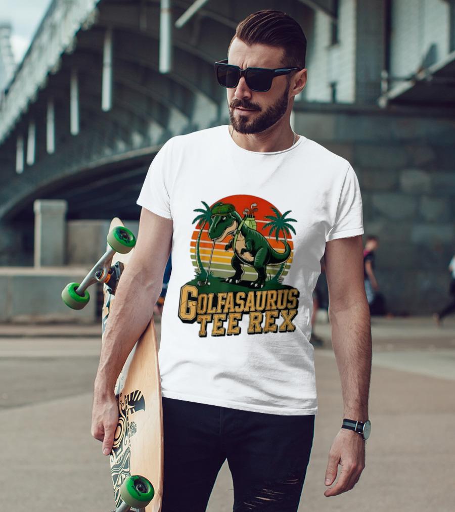 Golfasaurus Rex Rex Dinosaur Playing Golf Sunset Palm Trees T-Shirt