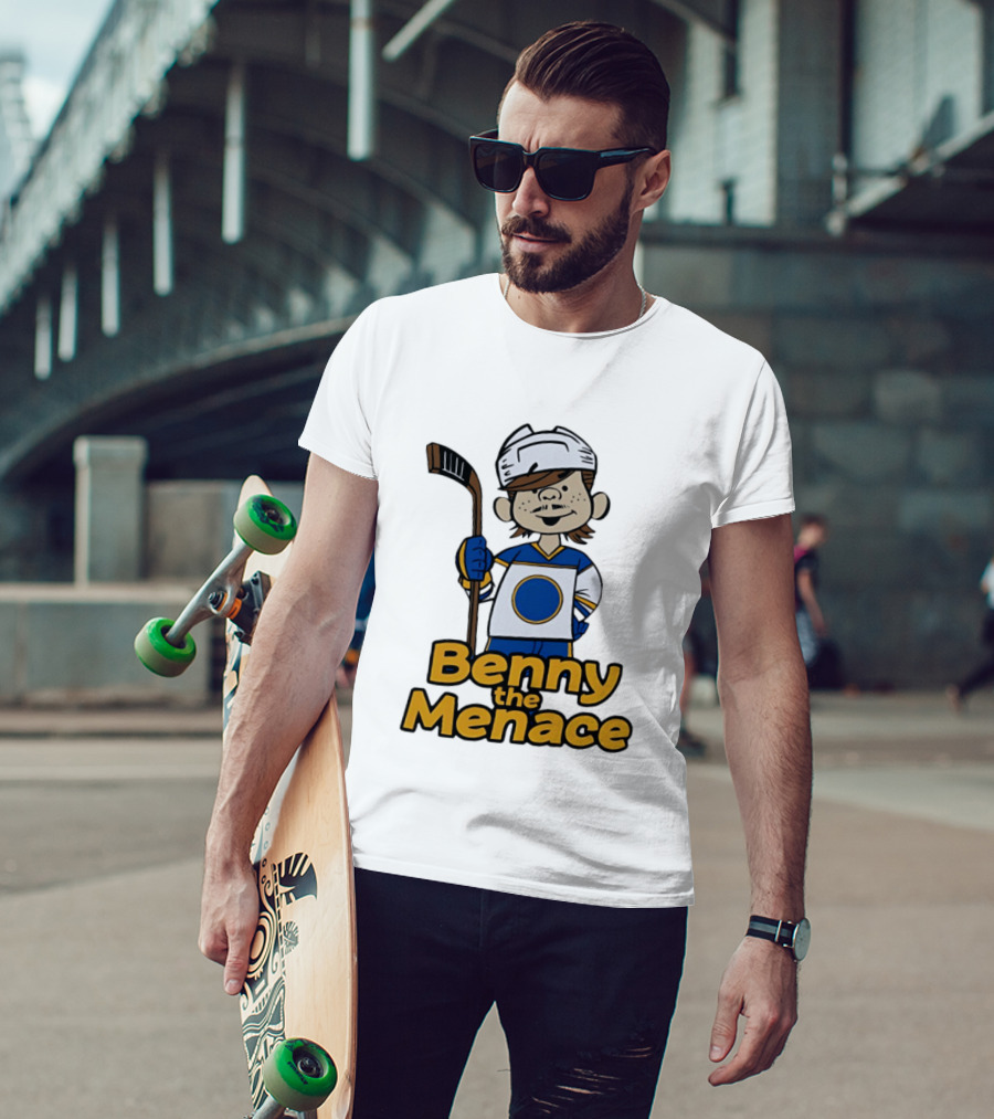 Benny The Menace Cartoon Character With Hockey Stick Buffalo Sabres T-Shirt