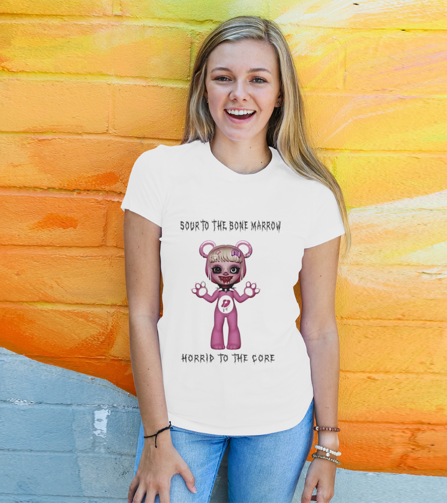 Sour To The Bone Marrow Horrid To The Core Pink Bear Character With Skull Tattoo T-Shirt