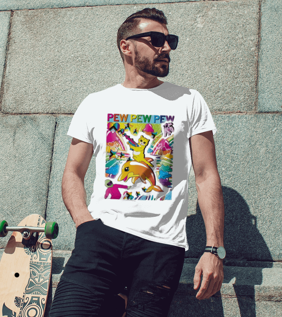 Pew Pew Pew Colorful Cat Dolphin Alien Rainbow T-Shirt