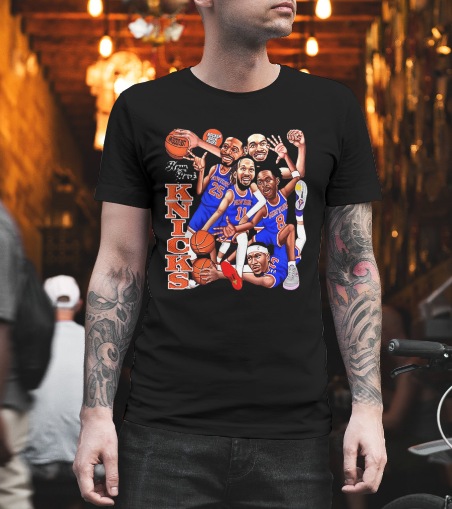 New York Knicks Starting Five 2026 Caricature Dunk Basketball Hoops T-Shirt