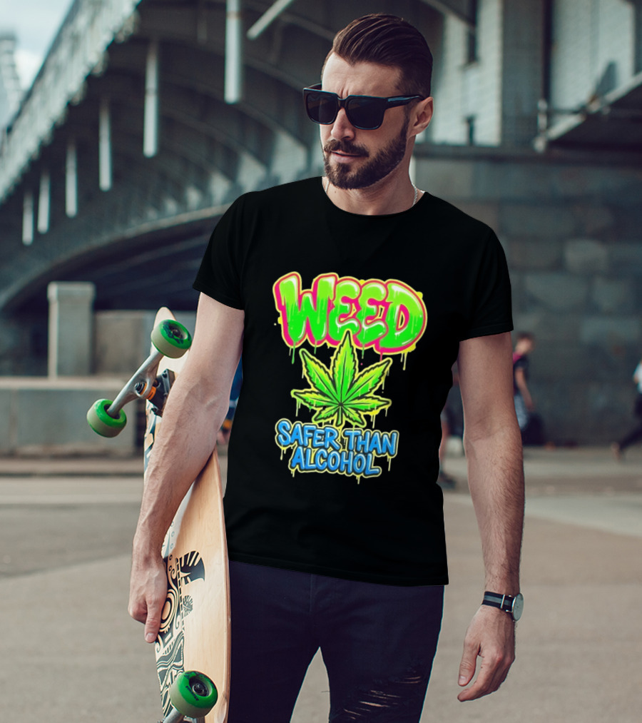 Weed Safer Than Alcohol Leaf Bright Graffiti T-Shirt