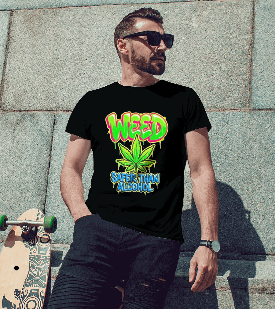 Weed Safer Than Alcohol Leaf Bright Graffiti T-Shirt
