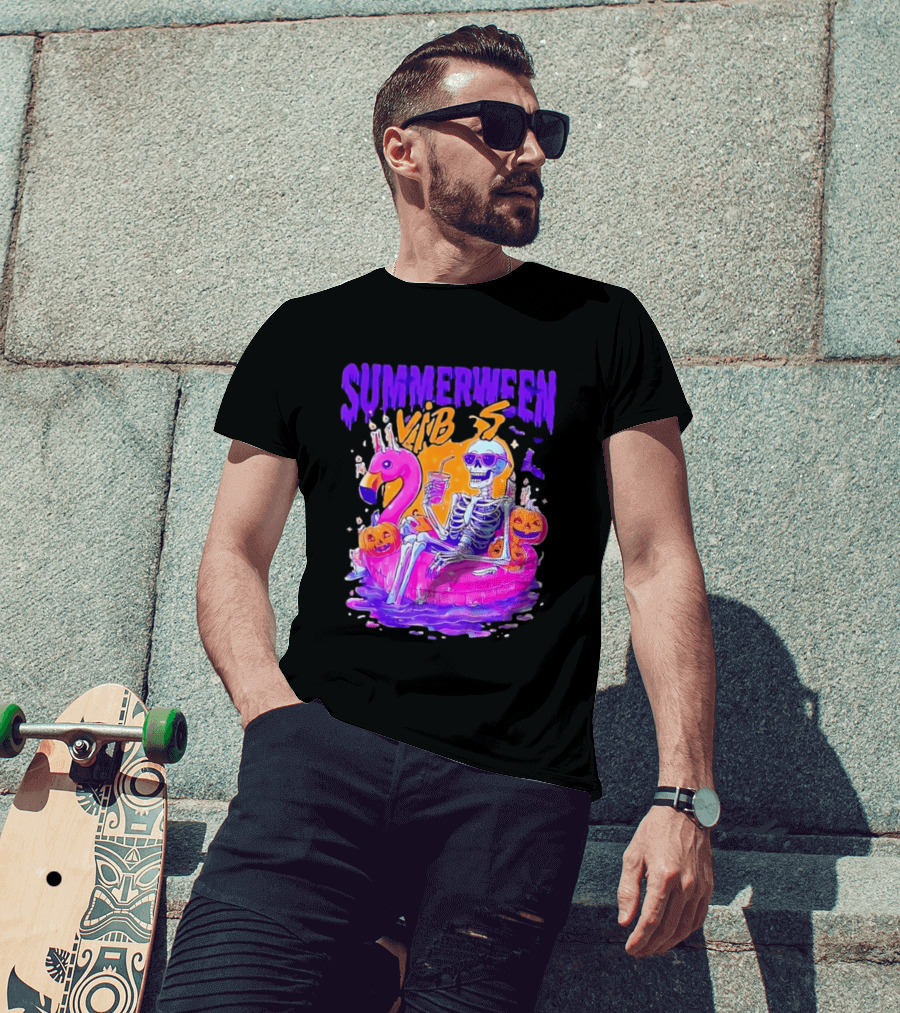 Summerween Vibes Skeleton On Flamingo With Pumpkins T-Shirt