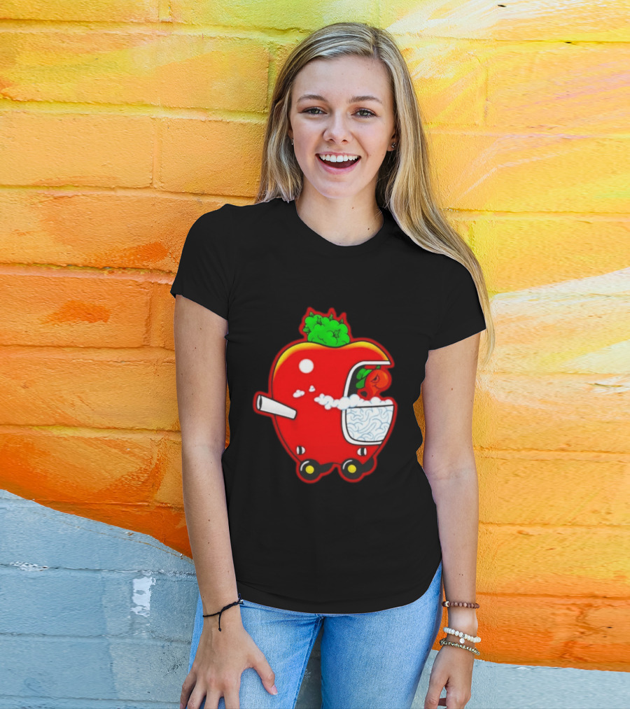 Smokey Worm Apple Cartoon Red Apple With Smoke And Wheels T-Shirt