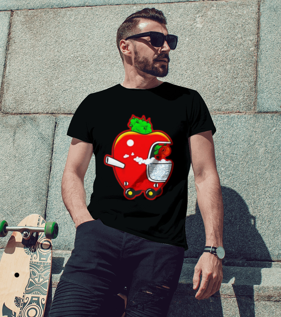 Smokey Worm Apple Cartoon Red Apple With Smoke And Wheels T-Shirt