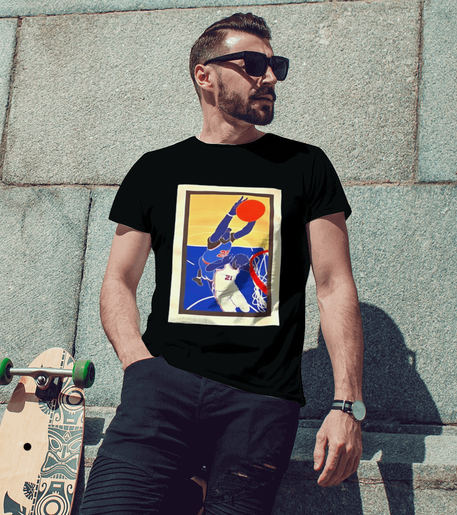 Mitchell Robinson 23 Dunking Joel Embiid 21 New York Knicks Basketball NBA 2026 T-Shirt