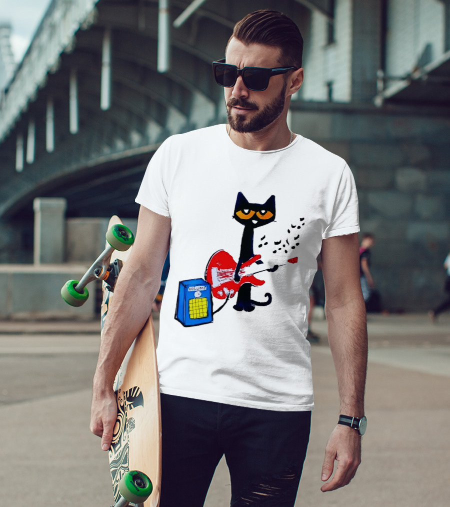 Pete The Cat Playing Red Guitar With Volume Amplifier Music Notes T-Shirt