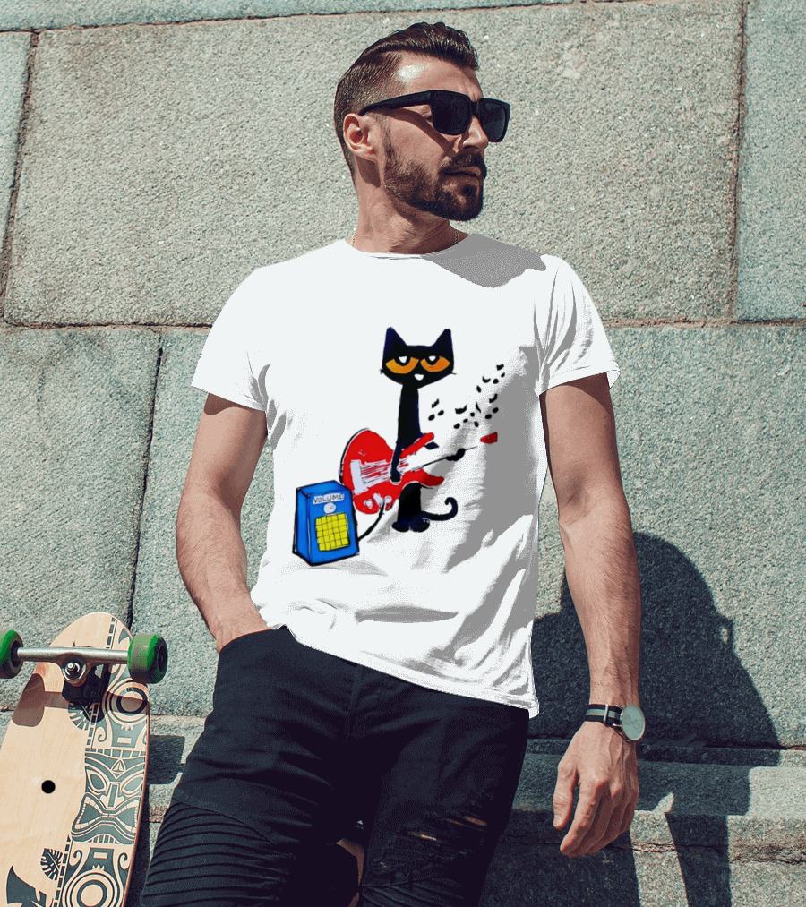 Pete The Cat Playing Red Guitar With Volume Amplifier Music Notes T-Shirt