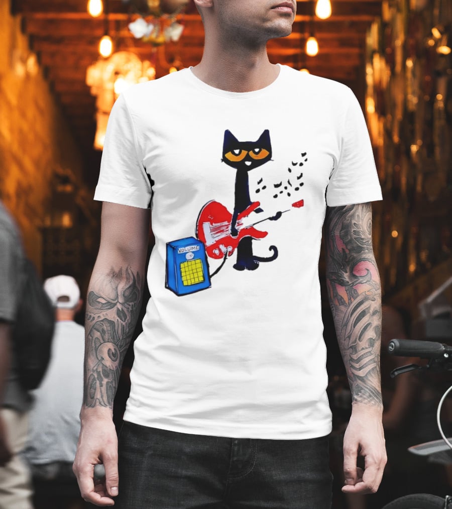 Pete The Cat Playing Red Guitar With Volume Amplifier Music Notes T-Shirt