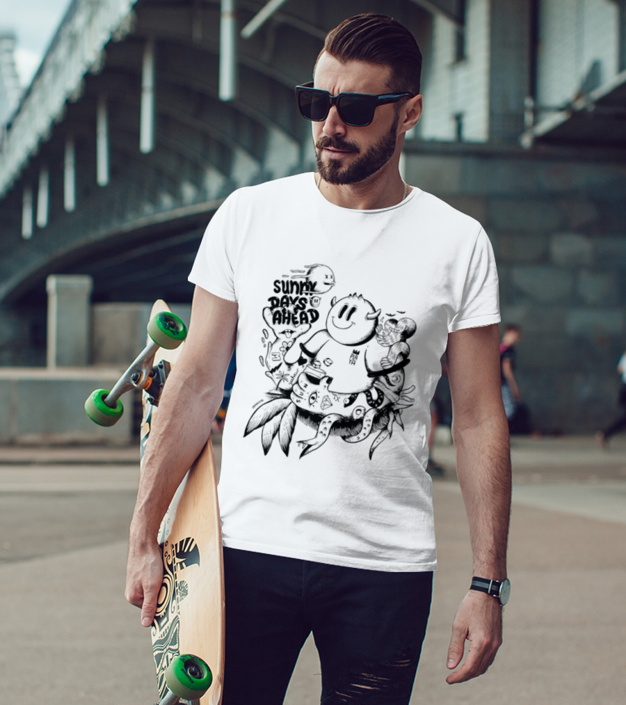 Sunny Days Ahead Monster Doodle Happy Cartoon Character With Flowers T-Shirt