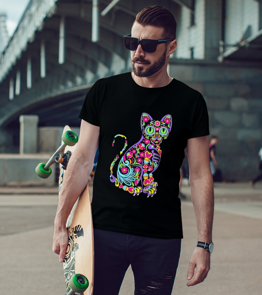 Sugar Skull Cat With Vibrant Floral T-Shirt