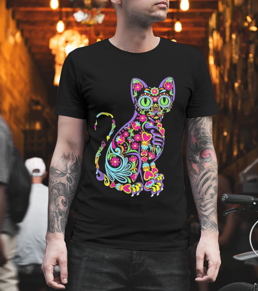 Sugar Skull Cat With Vibrant Floral T-Shirt