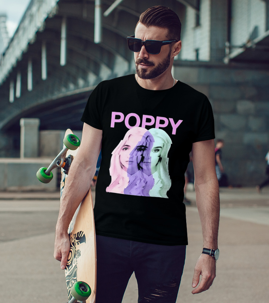 Poppy Digital Muse Glitch Faces Tricolor T-Shirt