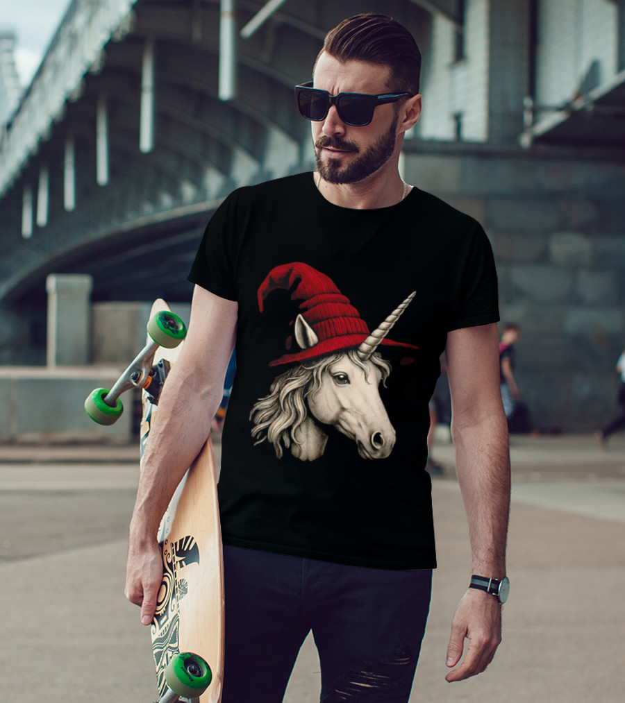 Unicorn With Red Wizard Witch Hat Beanie T-Shirt