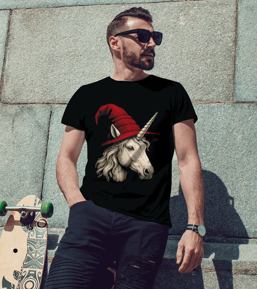 Unicorn With Red Wizard Witch Hat Beanie T-Shirt