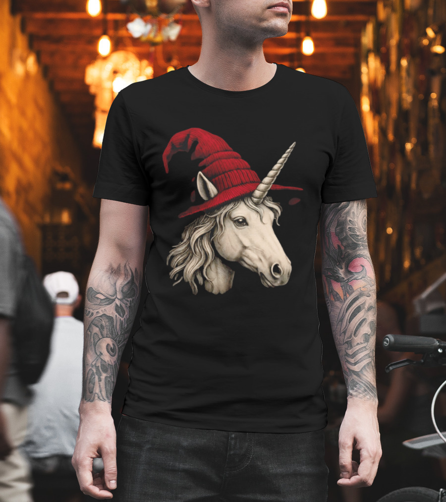 Unicorn With Red Wizard Witch Hat Beanie T-Shirt