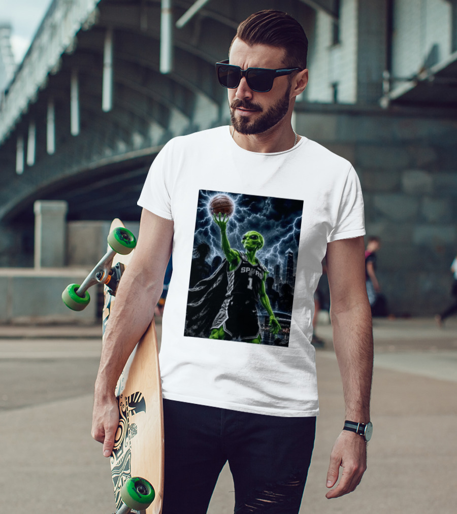 NBA Spurs Alien Spalding Basketball Hovering In Stormy City Skyline T-Shirt