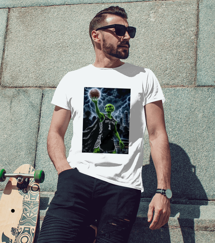 NBA Spurs Alien Spalding Basketball Hovering In Stormy City Skyline T-Shirt