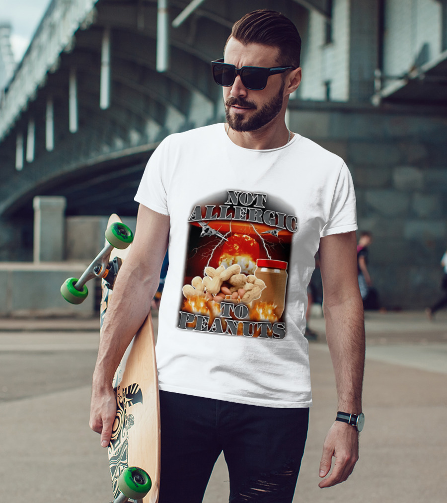 Not Allergic To Peanuts Jar With Explosive Background And Fighter Jets T-Shirt