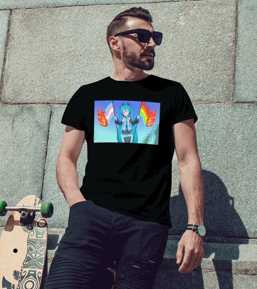 Anime Vocaloid Miku Holding Burning Transgender And Rainbow Flags Controversial Pride Month 2026 T-Shirt