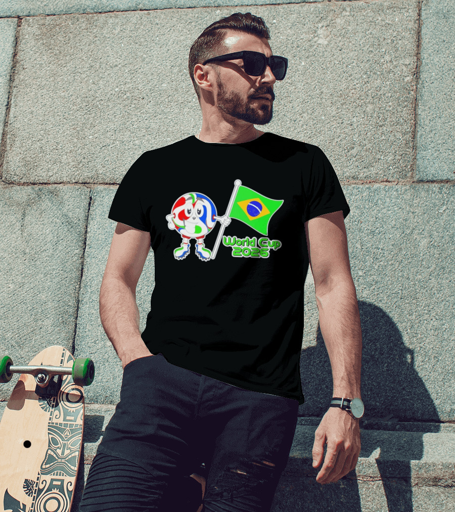 World Cup 2026 Cartoon Character With Brazil Flag Soccer Ball T-Shirt