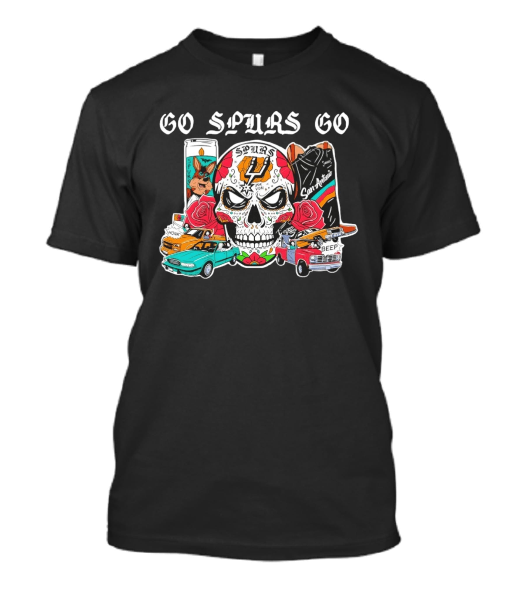Go Spurs Go SAS Wemby Spurs The Alien Sugar Skull San Antonio Cars Roses T-Shirt