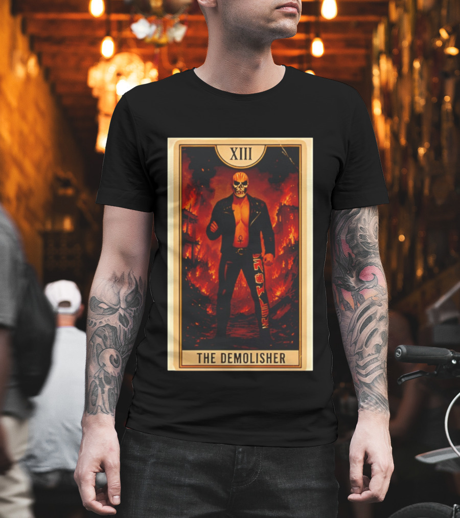 XIII The Demolisher Tarot Card Skull Masked Figure In Flames T-Shirt