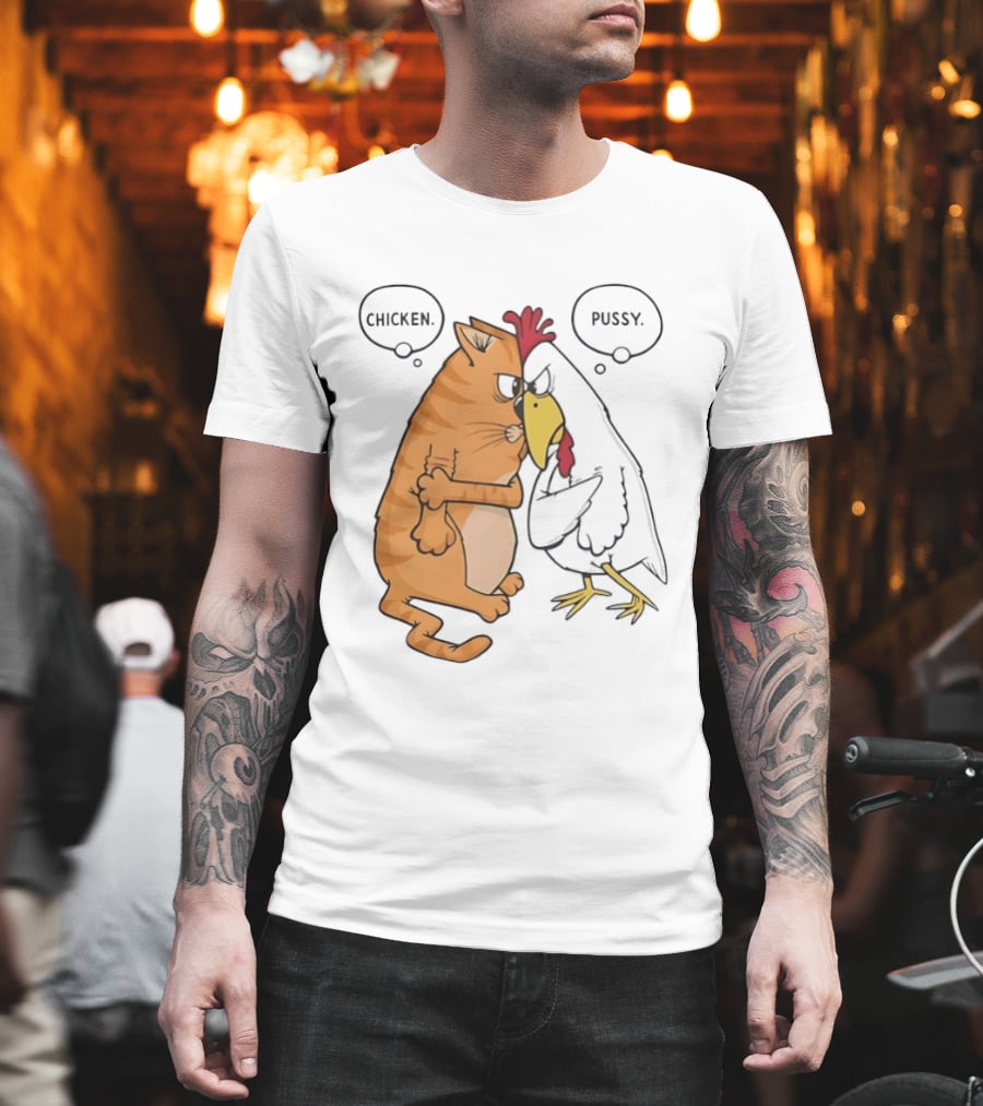 Chicken Pussy Standoff Cartoon Humor Confrontation T-Shirt