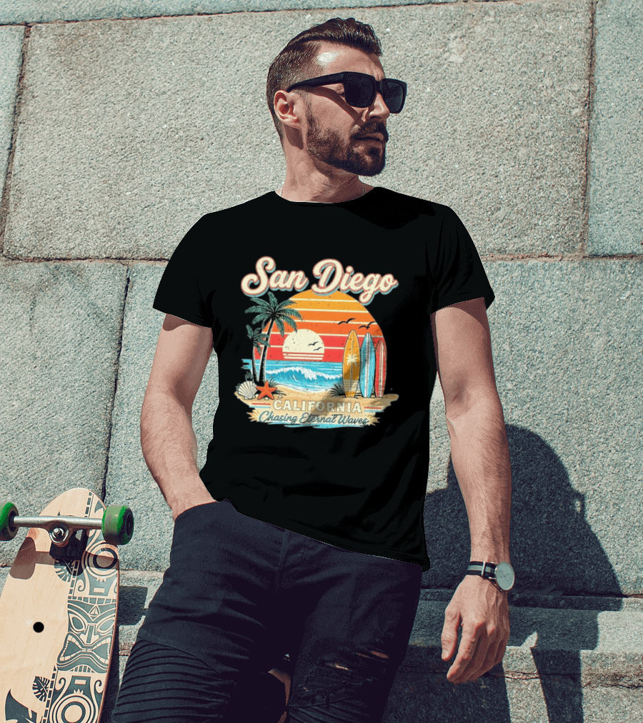 San Diego California Surfing Sunrise Chasing Eternal Waves Beach Vacation T-Shirt