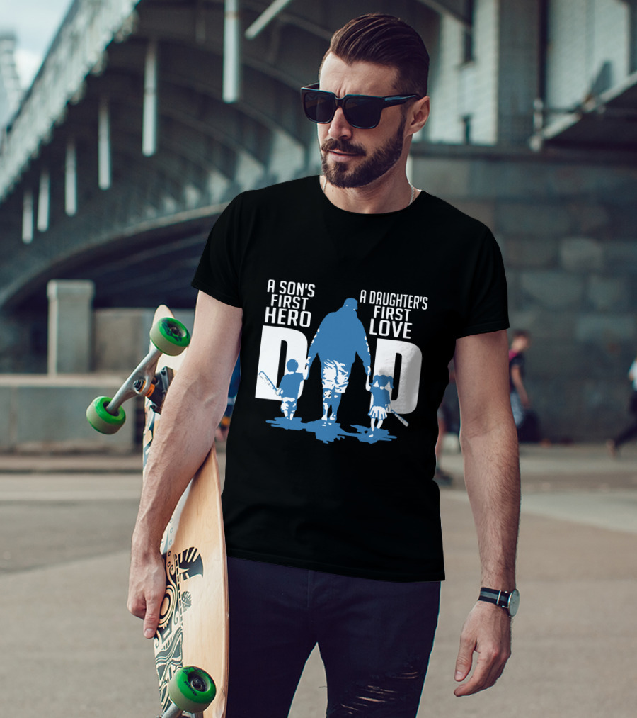 Dad A Son's First Hero A Daughter's First Love Blue Silhouette With Kids And Baseball Bats T-Shirt