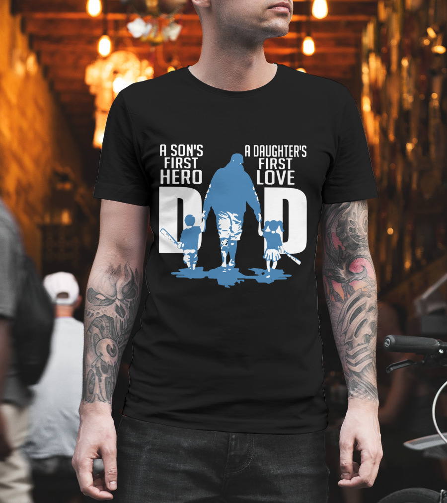 Dad A Son's First Hero A Daughter's First Love Blue Silhouette with Kids and Baseball Bats T-Shirt