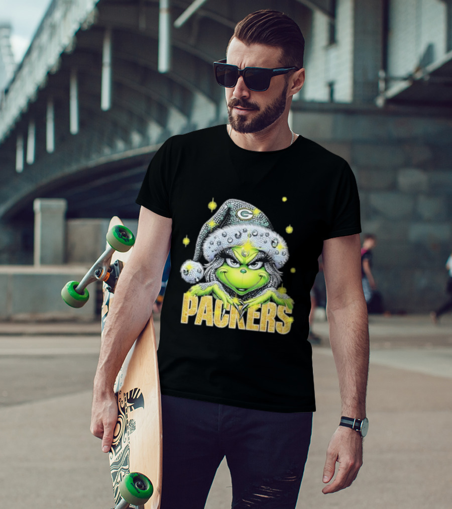 Green Bay Packers Grinch Santa Hat Christmas Football Fan Apparel T-Shirt