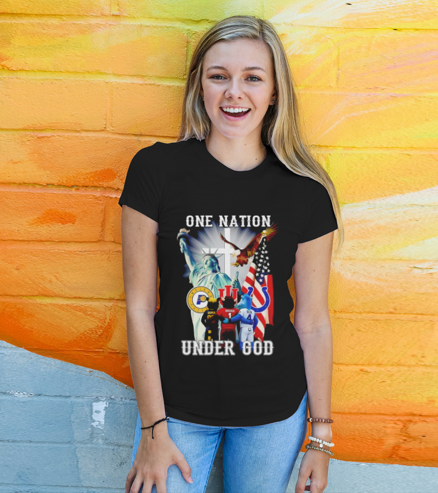 Indiana Hoosiers Indianapolis Colts Indiana Pacers One Nation Under God Statue Of Liberty American Flag T-Shirt