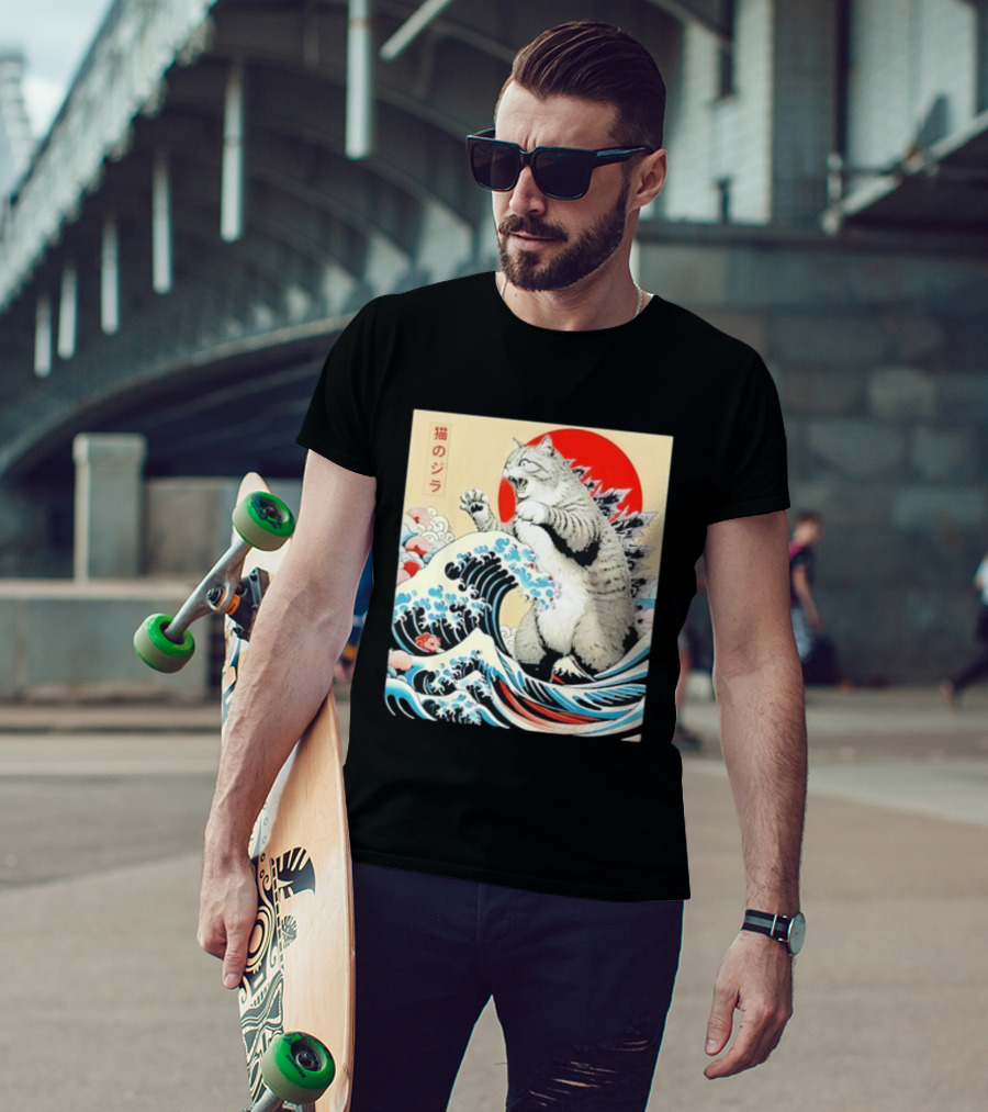Catzilla Ukiyo-e Japanese 猫のジラ Kanagawa Waves Red Sun T-Shirt
