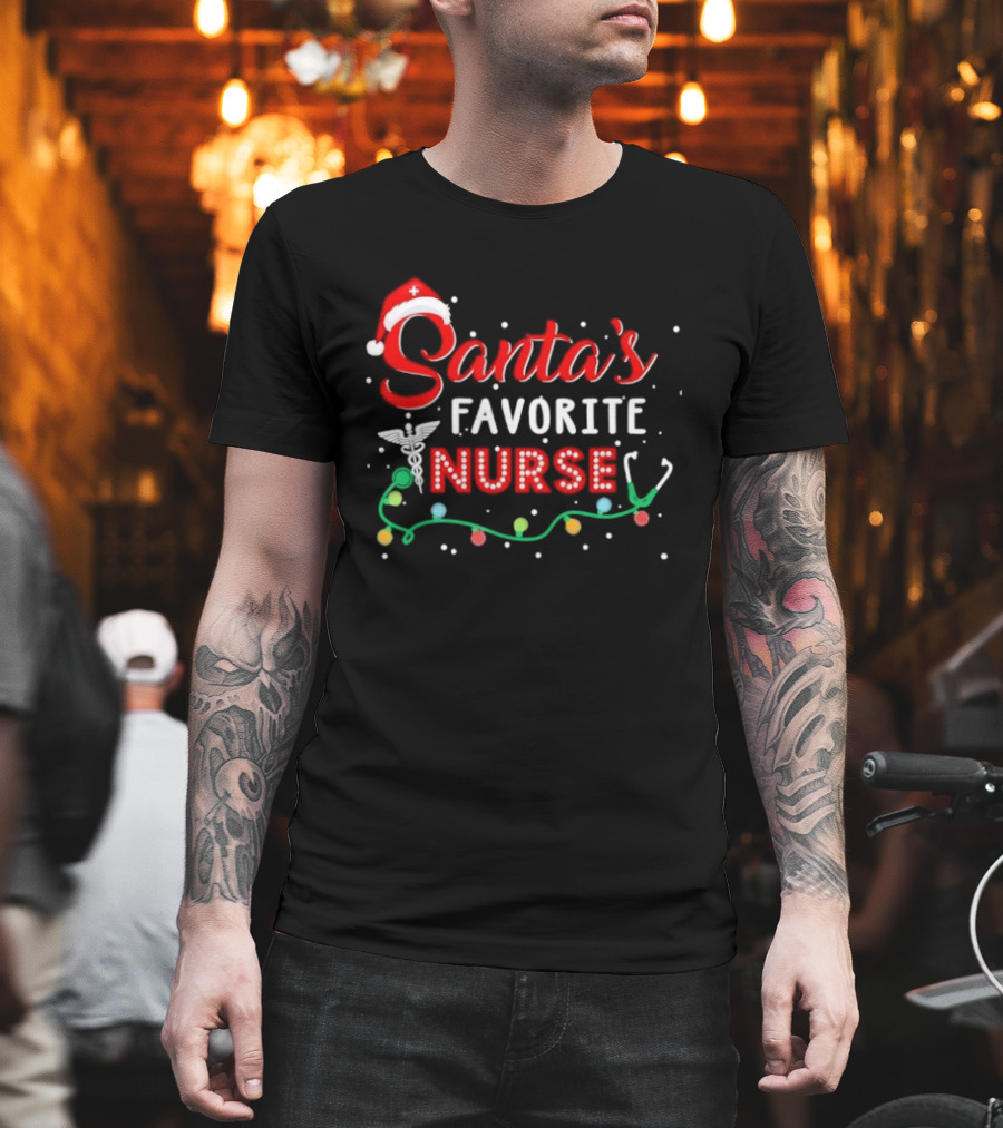 Santa's Favorite Nurse Christmas with Santa Hat and Stethoscope T-Shirt