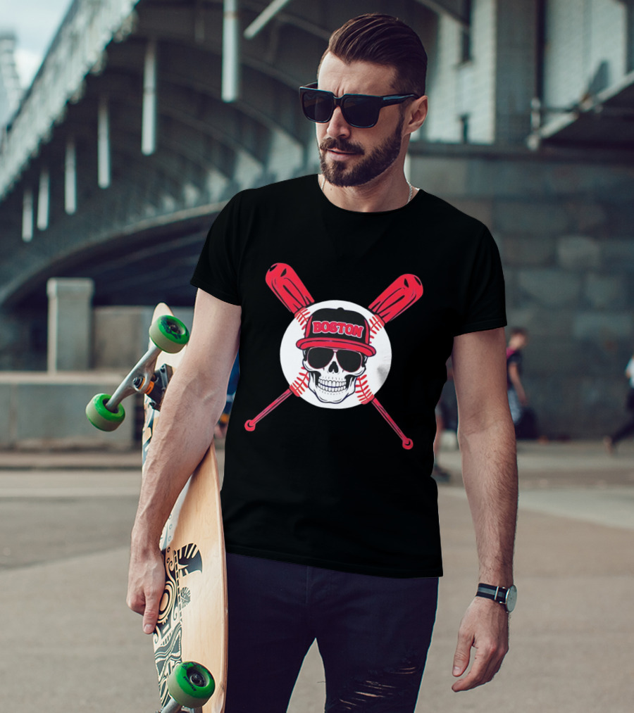Boston Baseball Skull With Crossed Bats T-Shirt